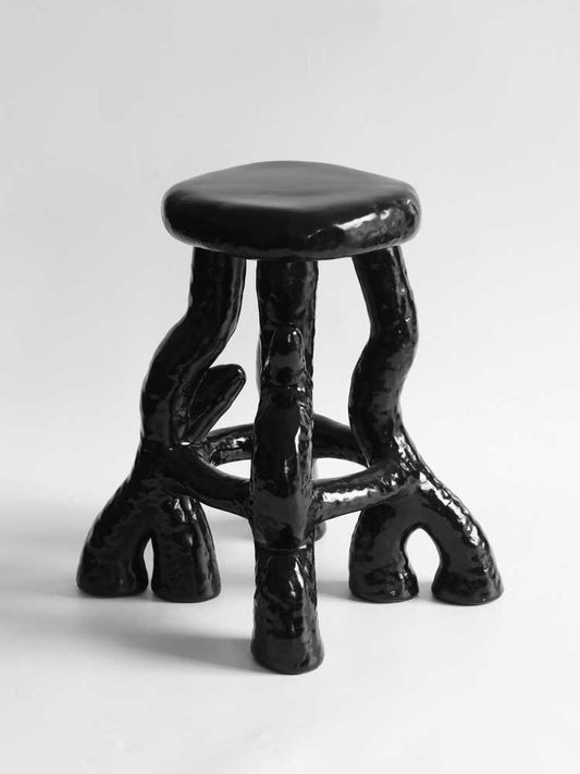 Modern Sculptural Resin Accent Side Table, Black Designer Art Stool, Minimalist Decorative End Table for Living Room and Bedroom