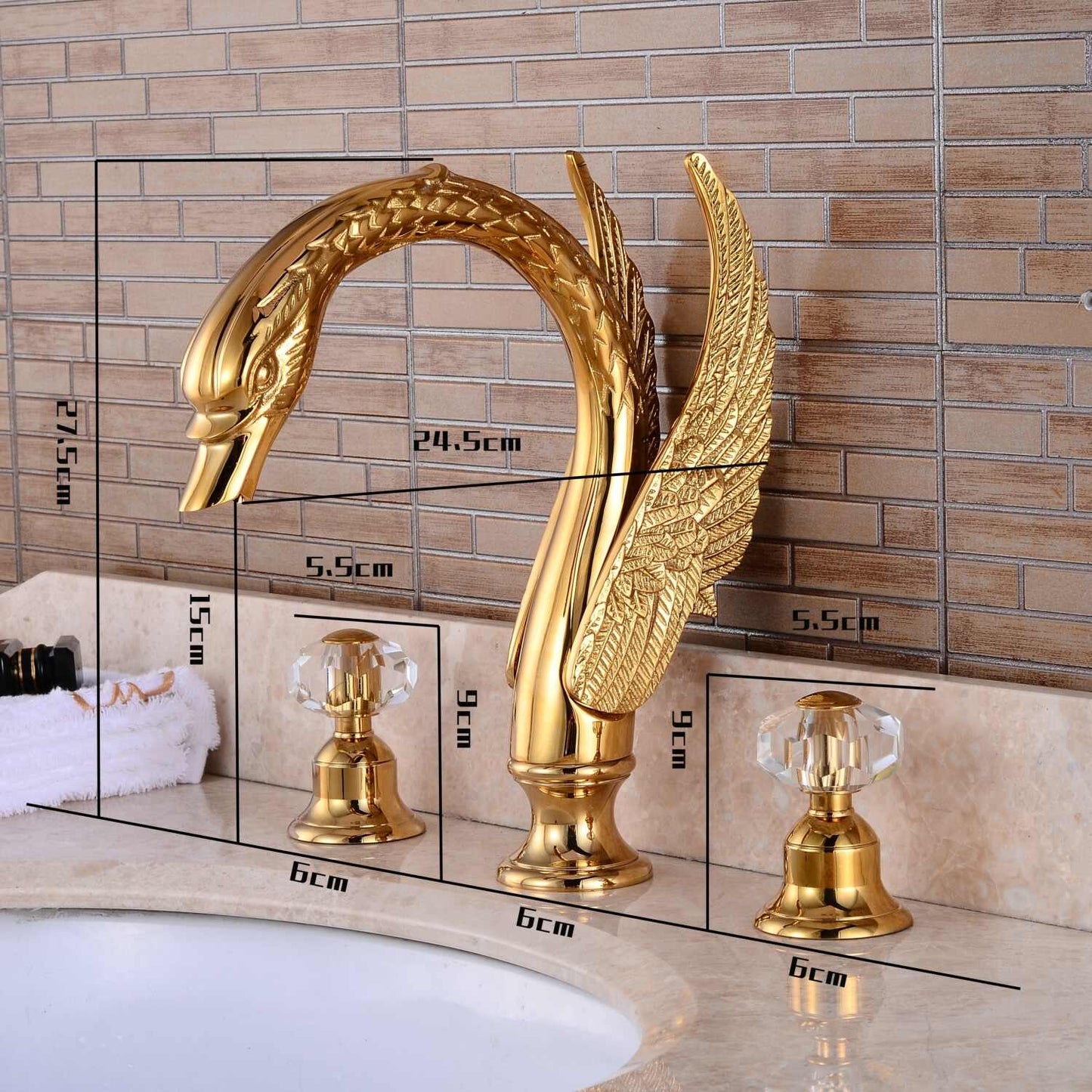 Luxury Gold Swan Basin Faucet with Crystal Handles, Three-Hole Golden Plated Lavatory Bathroom Sink Tap, Hot and Cold Mixer