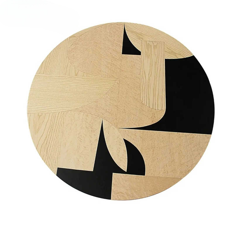 Minimalist Designer Irregular Wood Veneer Round Dining Table, Mid-Century Modern Artistic Solid Wood Table with Sculptural Base