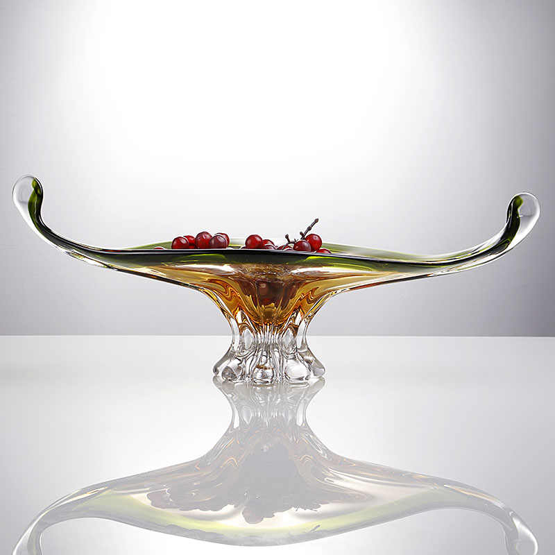 Luxury Modern Glass Fruit Bowl with Crystal Pedestal, Elegant Amber Green Gradient Serving Dish for Living Room Décor, Contemporary Art Glass Centerpiece