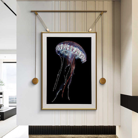 Luxury Crystal Jellyfish Wall Art with Stainless Steel Frame, Modern French Style Animal Canvas Painting, Designer Entryway or Living Room Decor