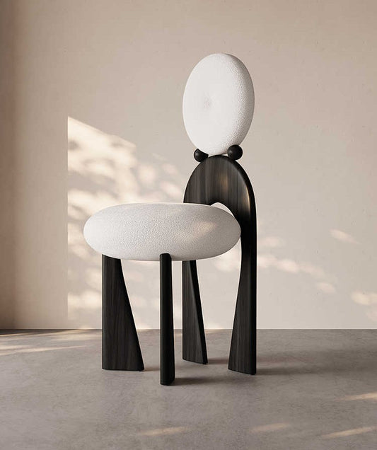 French Vintage Statement Chair with Sculptural Oval Backrest, Luxury Boucle Upholstered Dining Chair with Dark Wood Frame, Designer Accent Seating