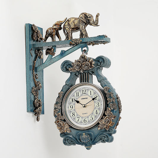 Double-Sided Elephant Ceramic Wall Clock, Silent Luxury Vintage Decor for Living Room and Hallway, Two-Sided Hanging Clock, Blue