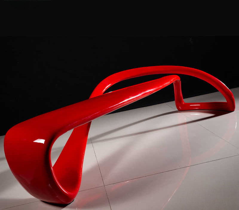 E-Turn Bench Modern Sculptural Outdoor Low Stool, Red Plastic Fiberglass Minimalist Designer Butterfly Bench