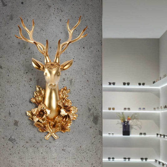 Golden Deer Head Wall Mount with Ornate Floral Wreath, Luxury European Style Animal Head Sculpture, Statement Wall Decor for Living Room & Bar
