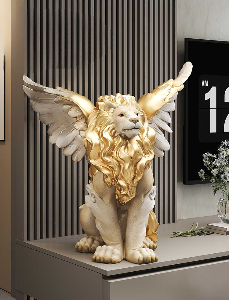 Majestic Winged Lion Sculpture – Gold & White Resin Griffin Statue for Modern Luxury Living Room or Foyer Decor