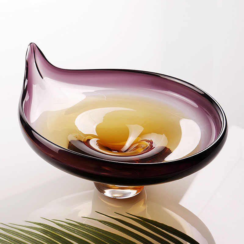 Minimalist Luxury Art Glass Pedestal Fruit Bowl, Handcrafted Purple-Amber Gradient Serving Dish with Organic Wave Design, Modern Desktop Centerpiece