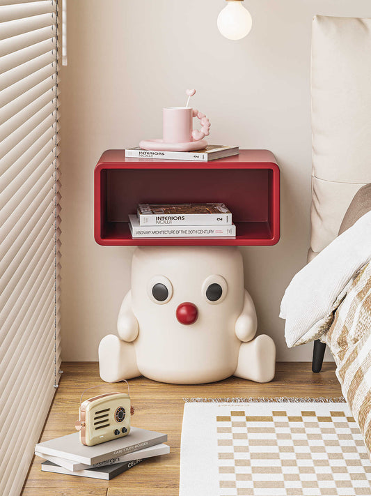 Adorable White Baby Character Side Table with Red Storage Cube – Cartoon End Table, Creative Nursery Bedside Cabinet for Kids Room and Living Room