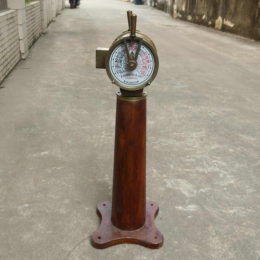 Vintage Brass Ship Telegraph, Double-Sided Nautical Engine Order Clock with Solid Wood Base, Industrial Retro Decor