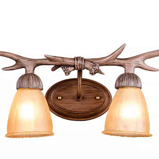 Vintage Double Antler Wall Lamp, Creative Rustic Style Glass Shade Sconce for Living Room, Bedside, Bar, Staircase, and Corridor Lighting