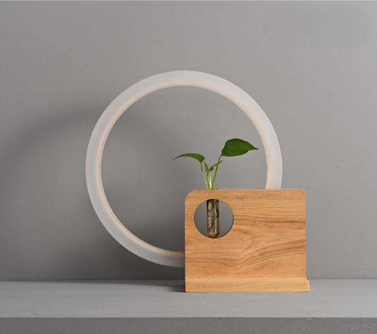 Modern Wooden Table Lamp with LED Ring, Minimalist Solid Wood Accent Light with Plant Holder, Decorative Desk Lamp for Living Room, Bedroom, Study