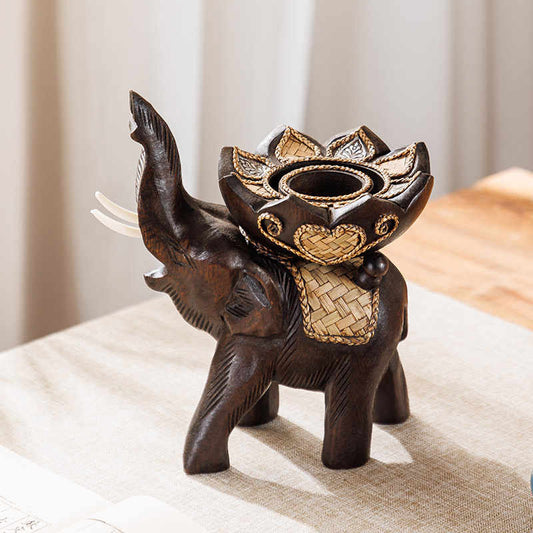 Thai Hand-Carved Wooden Elephant Candle Holder, Lotus Flower Design Aromatherapy Candlestick for Home Decor & Dining Ambiance
