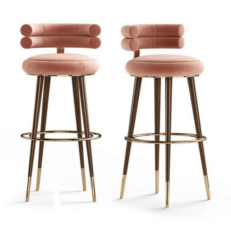 Luxury Modern Nordic Bar Stool – Solid Wood & Gold Metal Velvet Upholstered High Chair, Designer Scandinavian Counter Stool for Kitchen Island, Reception, Dining, Hotel, Blush Pink