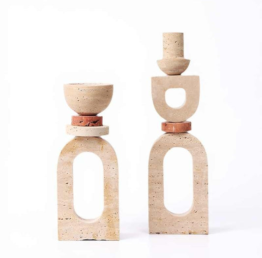 Vintage Marble Candle Holders – Modern Living Room, Entryway, Dining Table Decor Set, Tall & Short