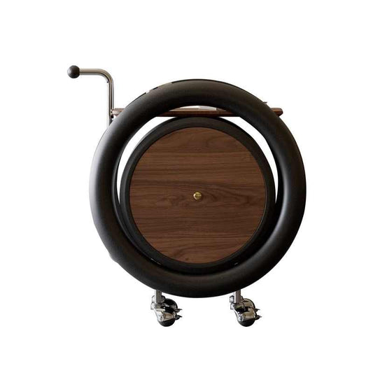 Mid-Century Modern Rolling Cart with Circular Design, Designer Mobile Storage Table with Walnut Wood Tray & Chrome Handle, Sofa Side Table on Wheels