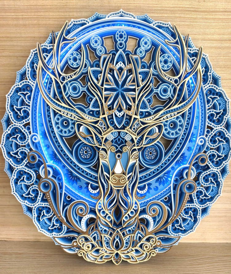 Creative Mandala Deer Wall Art – 3D Wooden Round LED Acrylic Panel, Modern Style Living Room, Dining Room