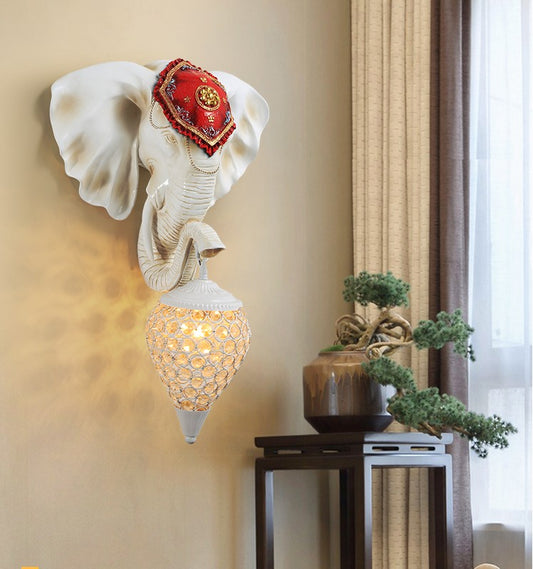 Elephant Wall Sconce Light – White Animal Head Decorative Lamp with Crystal Pointed Globe Shade for Living Room, Bedroom, Hotel, Corridor, or Staircase