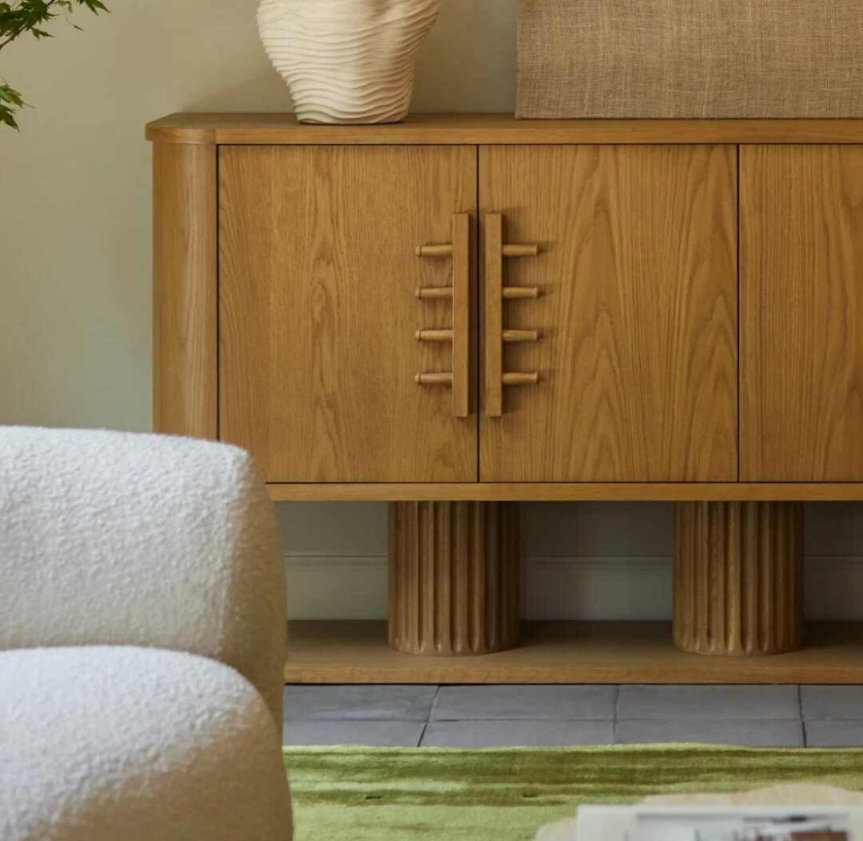 Vintage Solid Ash Wood Entryway Cabinet, Designer Sideboard for Living Room, Artistic Storage Chest with Creative Handles