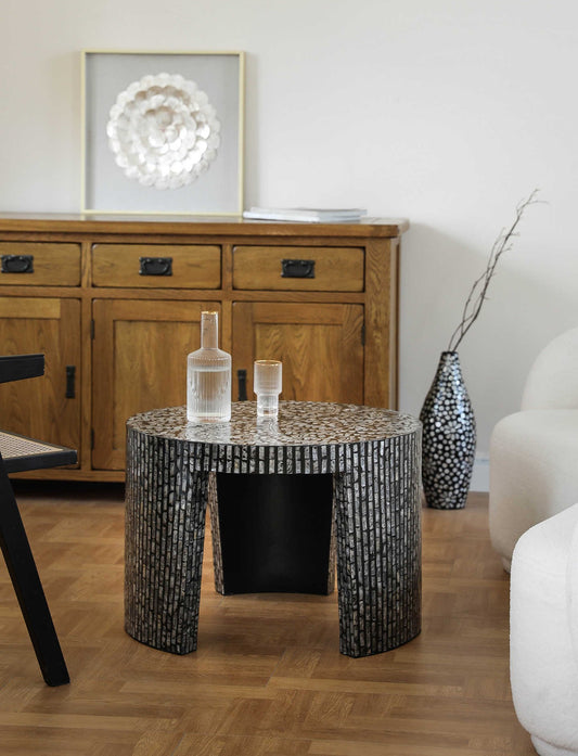Luxury Minimalist Round Coffee Table, Black Iris Mosaic Accent Table for Living Room & Modern Asian Decor