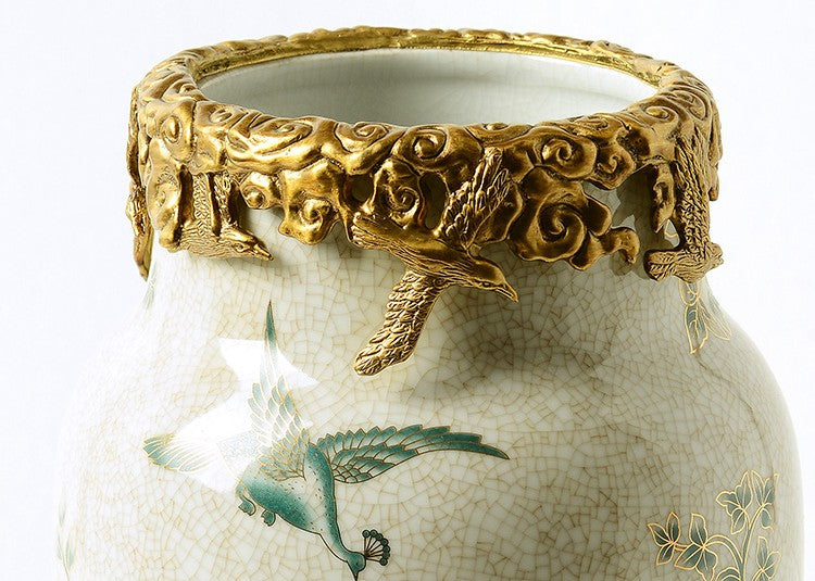 Peacock Decal Porcelain and Brass Vase, Creative Table Flower Vase with Gold Accents for Living Room, Entryway, and Model Home