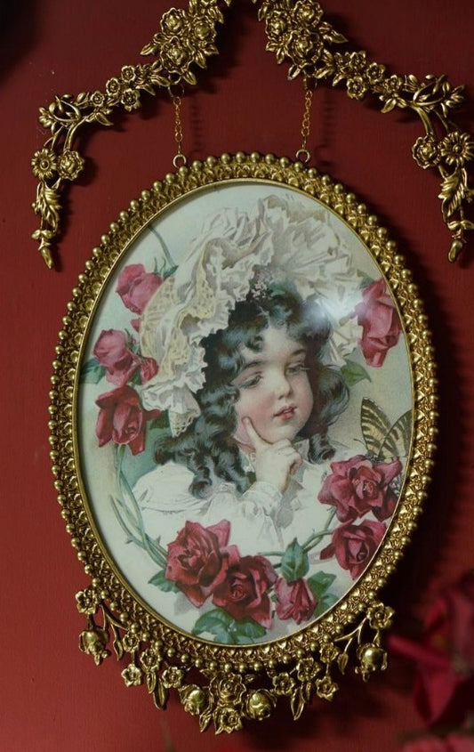 Vintage European Ornate Gold Metal Picture Frame with Chain Hanger, Baroque Style Rose Garland Wall Décor with Victorian Portrait