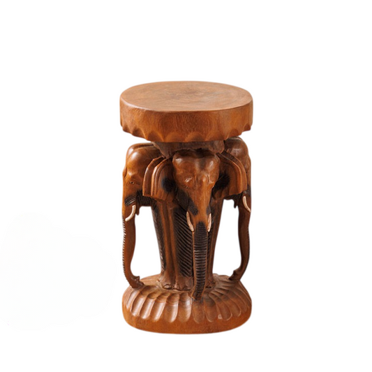 Solid Wood Elephant Stool, Round Accent Seat, Natural Brown