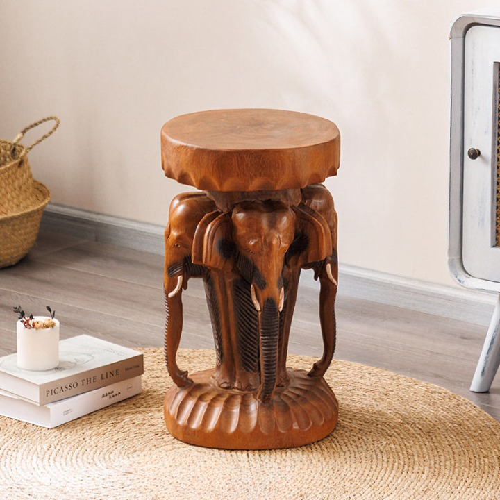 Solid Wood Elephant Stool, Round Accent Seat, Natural Brown