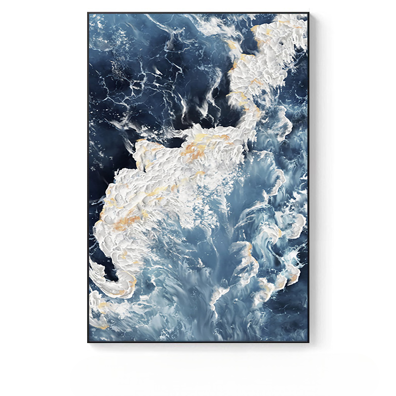 Modern Minimalist Deep Blue Abstract Ocean Wave Textured Hand-Painted Oil Canvas Wall Art with Black Aluminum Frame, Living Room Sofa and Entryway Decor