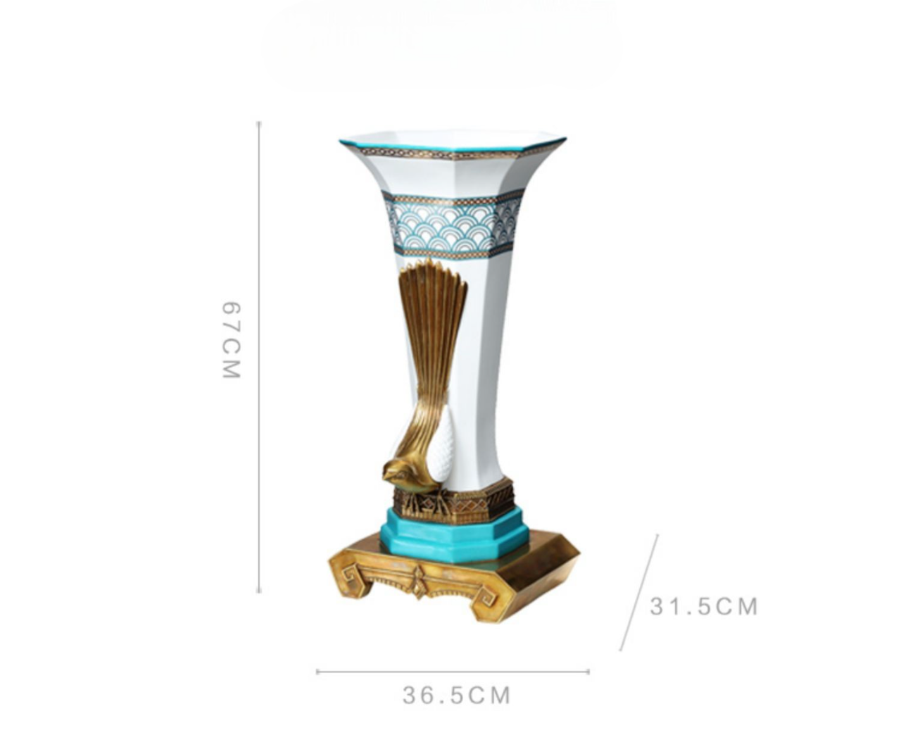 Luxury Ceramic and Brass Bird Accent Flared Vase – European Open-Mouth Decorative Flower Vase for Tabletop, Living Room, and Villa Foyer