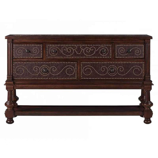 American Art Deco Sideboard with Nailhead Trim & Marble Top, French Vintage Style Whiskey Collection Cabinet with Turned Legs
