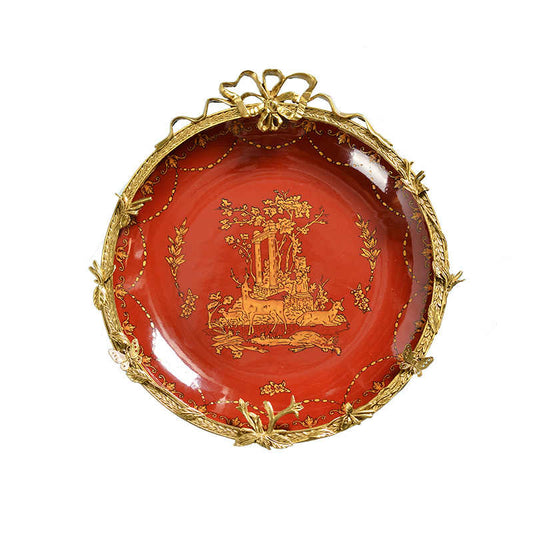 Red Porcelain and Brass Decorative Hanging Plate, Luxury Wall Art for Entryway, Living Room, Boutique, or Festive Decor