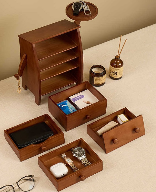 Solid Wood Multi-Drawer Storage Box with Side Table – Creative Elephant-Shaped Bedside Organizer, Unique Desktop Storage Cabinet for Living Room, Office, Bedroom