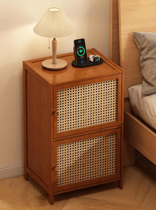 Vintage Rattan Bedside Cabinet – Retro Bamboo Side Table, Small Double-Door Storage Shelf, Sofa End Table