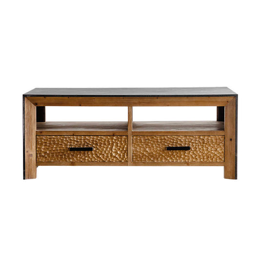 Vintage Distressed Solid Wood Coffee Table, Wabi-Sabi Style TV Console with Textured Drawers, Designer Living Room Storage Table for Small Spaces,