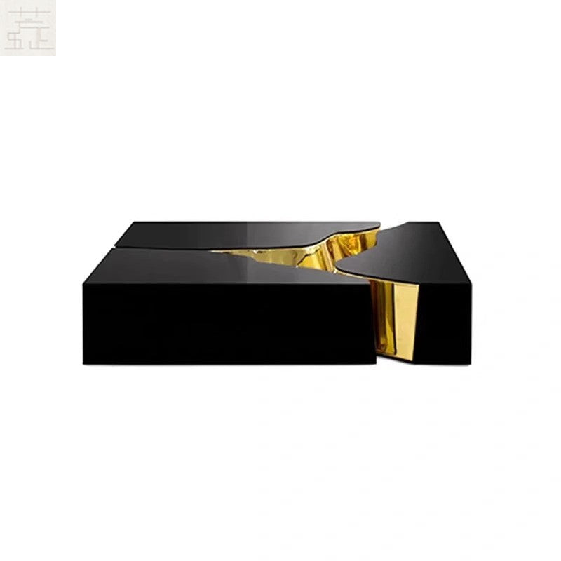 Modern Black and Gold Rectangular Coffee Table – Designer Crack Accent Luxury Metal Center Table for Living Room, Villa, or Office