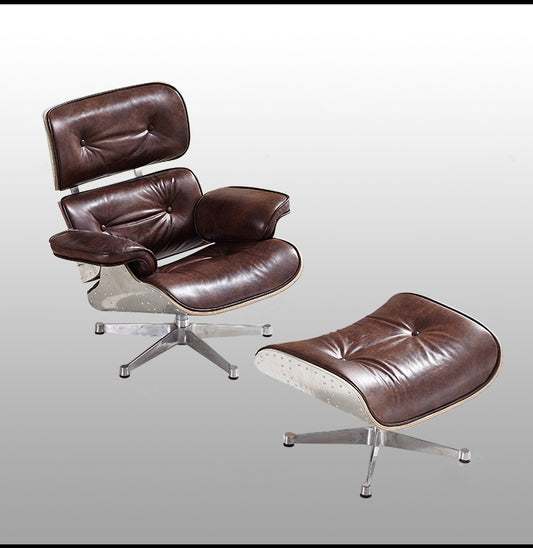 Industrial Eames Style Aluminum Rivet Lounge Chair & Ottoman Set – Designer Vintage Leather Recliner with 360° Swivel Base