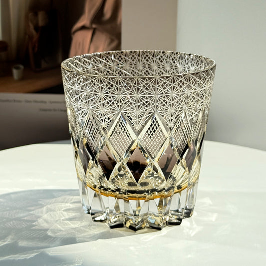 Hand-Carved Crystal Whiskey Glass – Luxury Cut Glass, Gray Old Fashioned Tumbler, Artisanal Gift for Whisky and Spirits