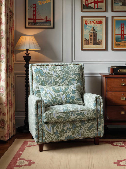 Vintage Tiger Armchair – Retro Lounge Single Sofa for Living Room, Balcony, Study, & Bedroom, Blue Floral Upholstery