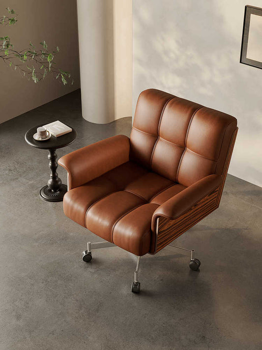 Designer Oil Wax Leather Lounge Chair, Daiki Style, Luxury Single Sofa, High-End Recliner with Wood Veneer, Modern Bedroom & Living Room Accent