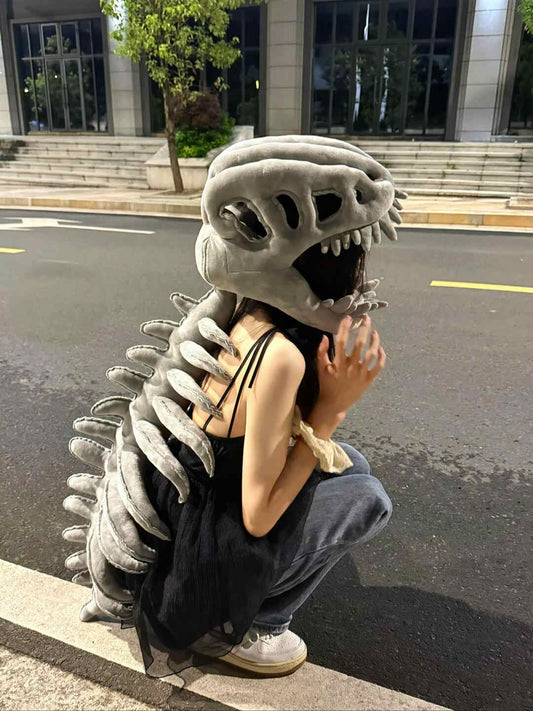 Adult Dinosaur Skeleton Plush Costume Set with Sound – 45 Inch Funny Cosplay Bone Headgear & Ribcage Suit for Halloween, Parties & Performances