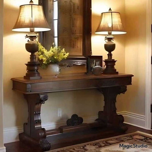 Vintage Narrow Solid Wood Console Table – Retro Entryway Foyer Table, Classic Carved Antique Hallway Decor