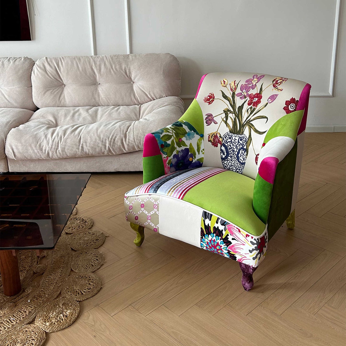 European Country Patchwork Accent Chair – Colorful Mixed Fabric Armchair with Solid Wood Legs, Bohemian Reading Chair with Footstool