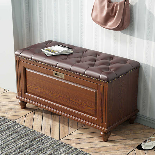 American Solid Wood Shoe Storage Bench with Tufted Leather Seat – Entryway Shoe Cabinet with Cushioned Seating, European Style Foyer Bench