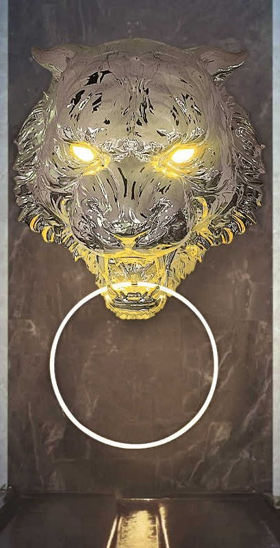 Large Chrome Tiger Head Wall Sculpture with Illuminated Eyes, Modern KTV Nightclub Bar Decor, Futuristic Eye-Catching Statement Art