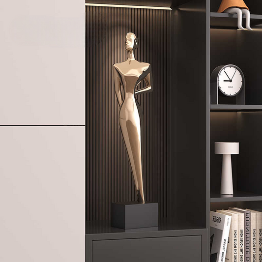 Modern Minimalist Gold Lady Sculpture, Tall Luxury Metallic Decor for Entryway, Living Room, or Office, Contemporary Style