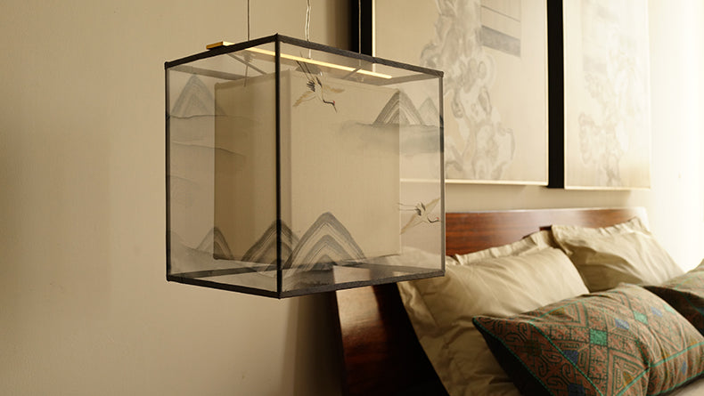 Hand-Painted Modern Asian 'Crane Homecoming' Pendant Light, Minimalist Landscape Square Ceiling Lamp for Dining, Bedroom, Living Room