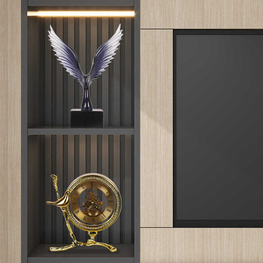 Modern Luxury Decor Duo – Gradient Black Soaring Eagle Glass Statue & Gold Songbird Table Clock Set, Artistic Wine Cabinet and Living Room Centerpieces