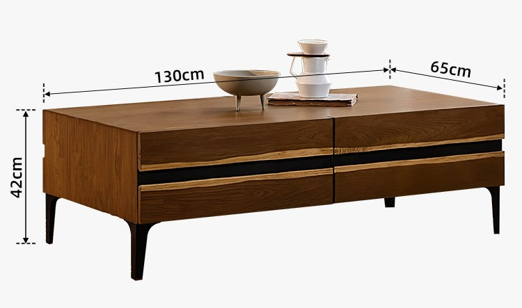 Retro Modern Solid Oak Coffee Table – Minimalist Rectangular Living Room Centerpiece with Drawers, Caramel Finish