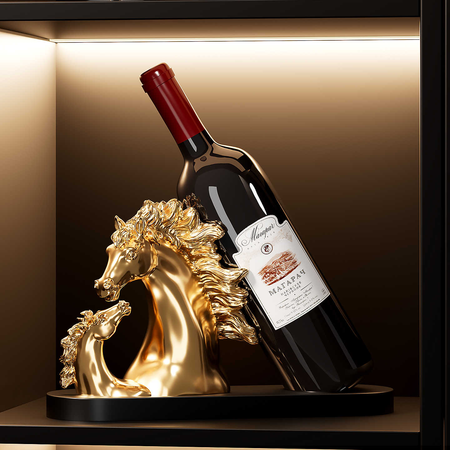 Golden Horse Wine Rack Sculpture, Success-Inspired Luxury Decor for Living Room, Entryway, Sideboard, Glass Cabinet, or Wine Cabinet Display