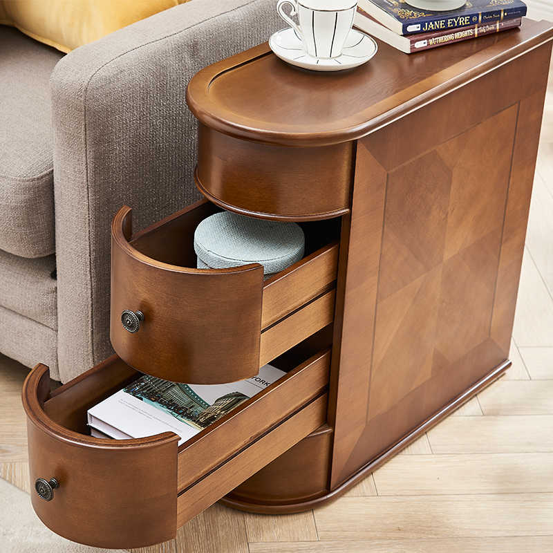 European Style Walnut Finish Sofa Side Table, Small Solid Wood Nightstand with Two Drawers for Living Room, Bedroom, Corner Accent